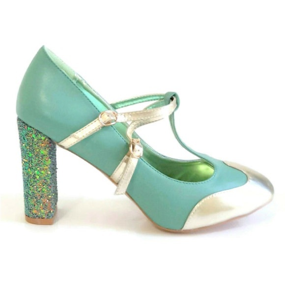 Mod Cloth Dancing Days by Banned seafoam green sparkle block strap heels - Picture 2 of 11